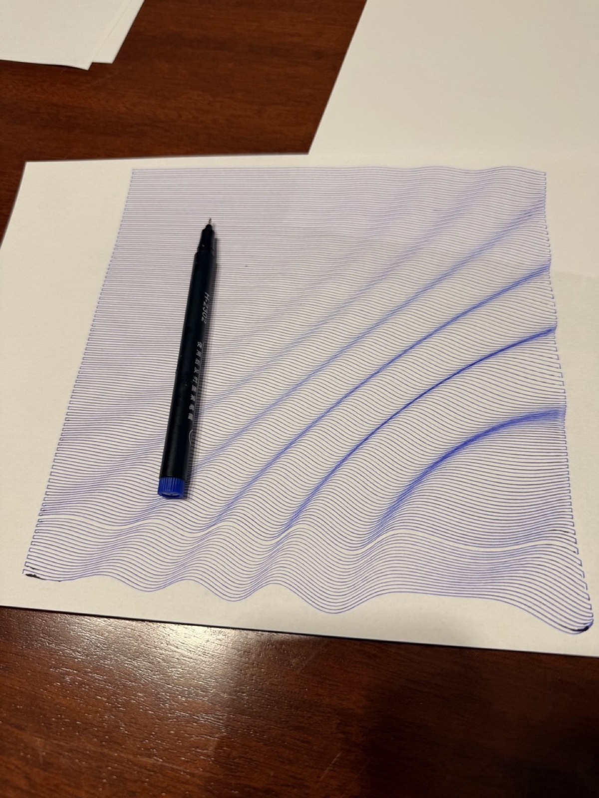 Flow field plot with wavy parallel lines distorted by noise, pen resting on the paper.