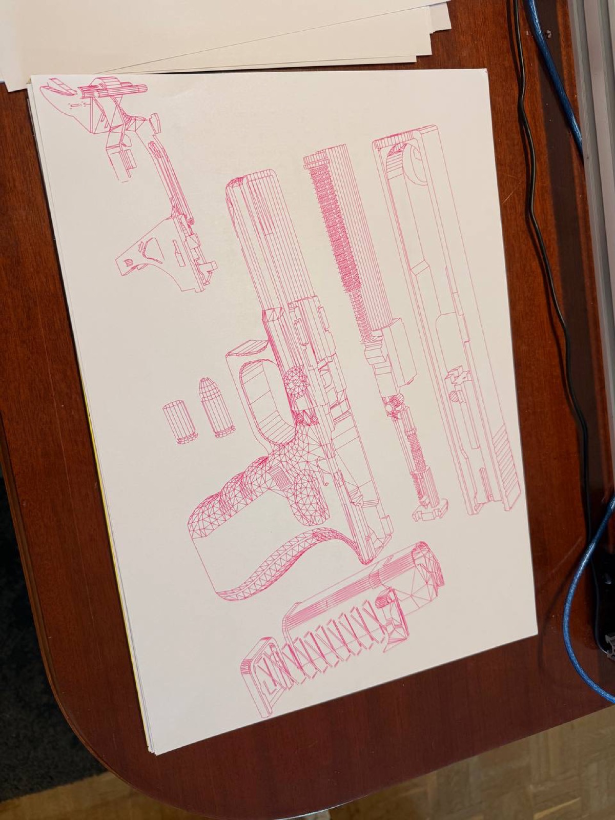 Exploded view wireframe technical drawing in pink ink.