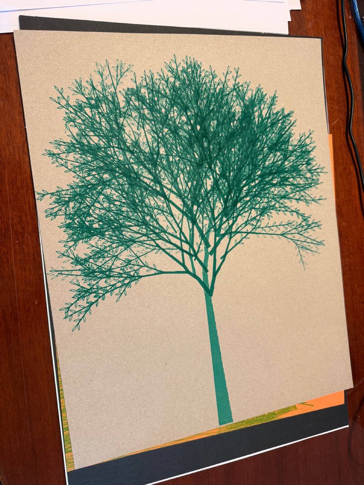 Fractal tree on craft paper, drawn with a green pen.