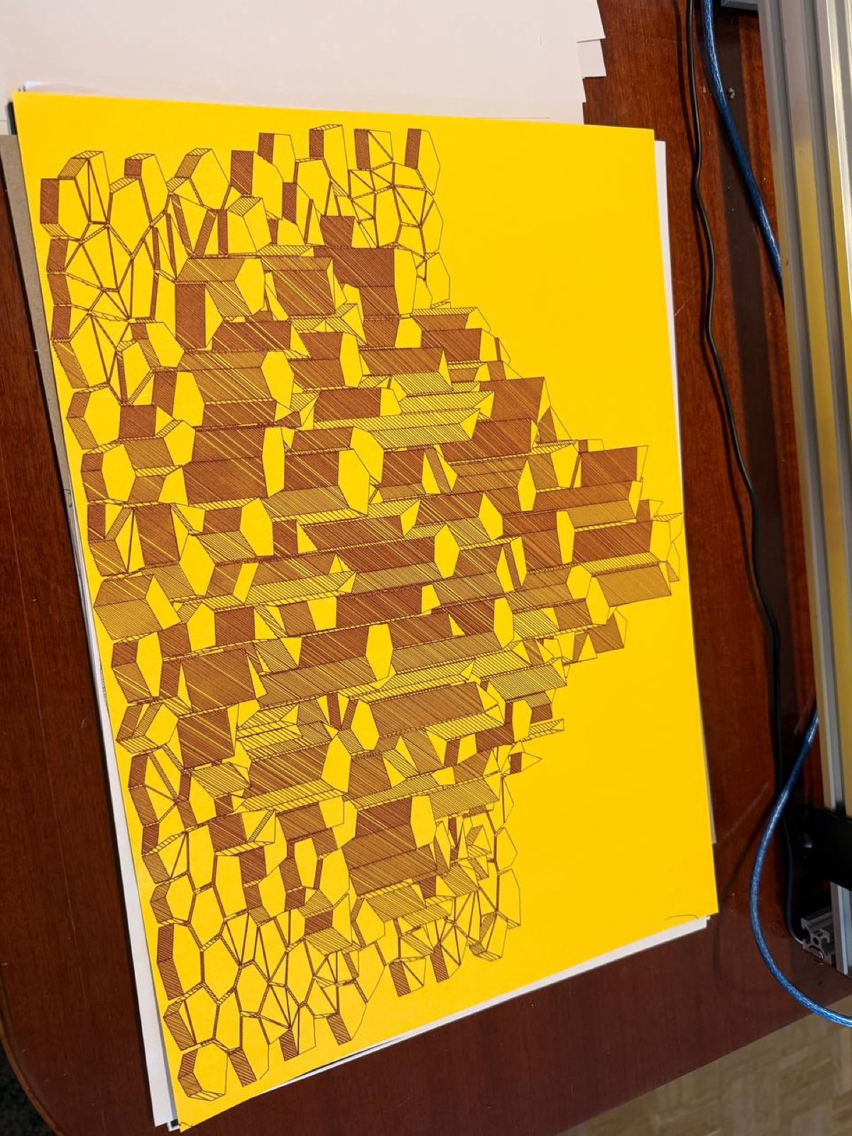 Isometric 3D shapes with crosshatching on yellow paper.