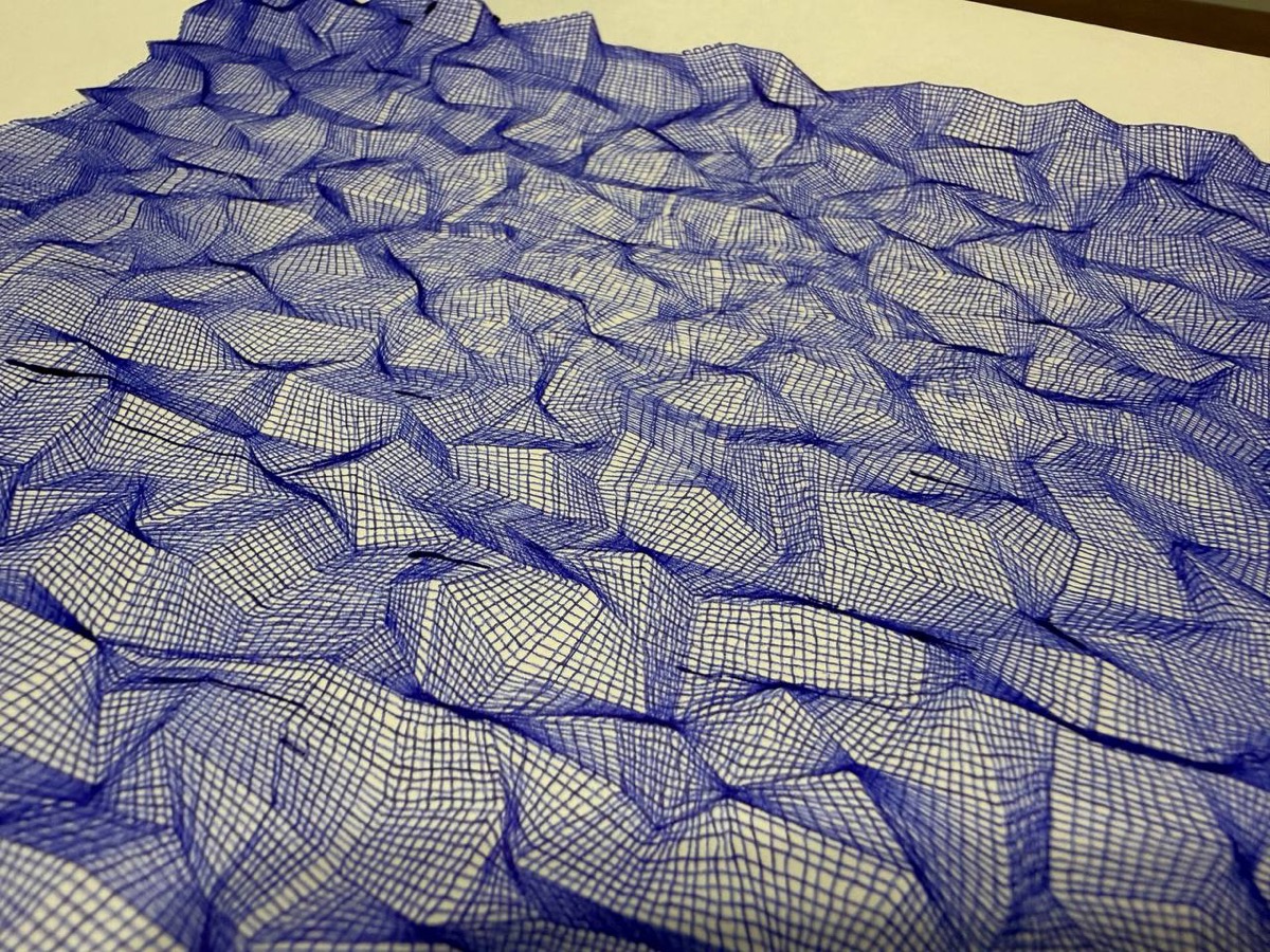 3D mesh terrain with crosshatched faces, drawn in blue ink.