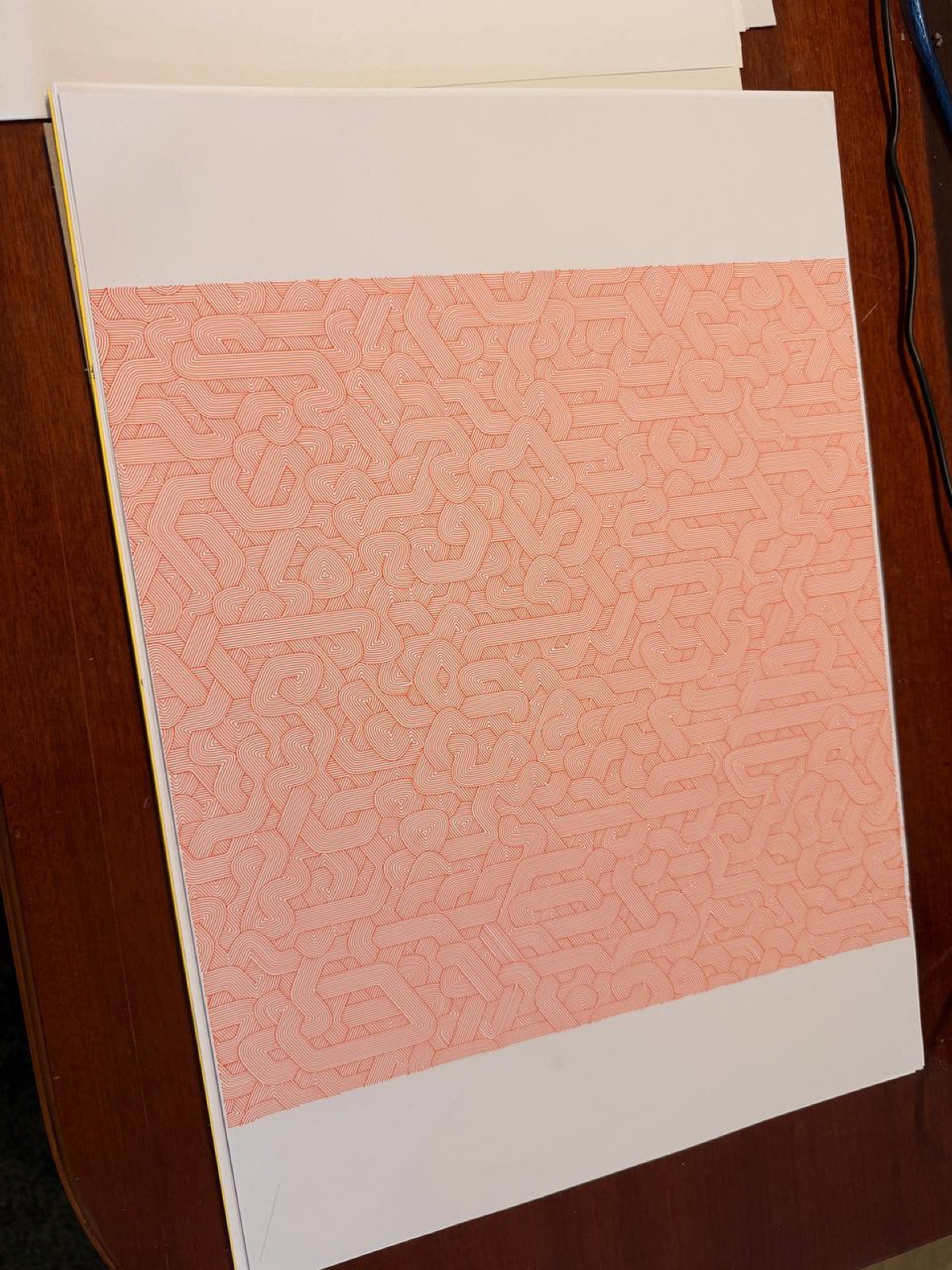 Organic rounded maze pattern in salmon pink ink.