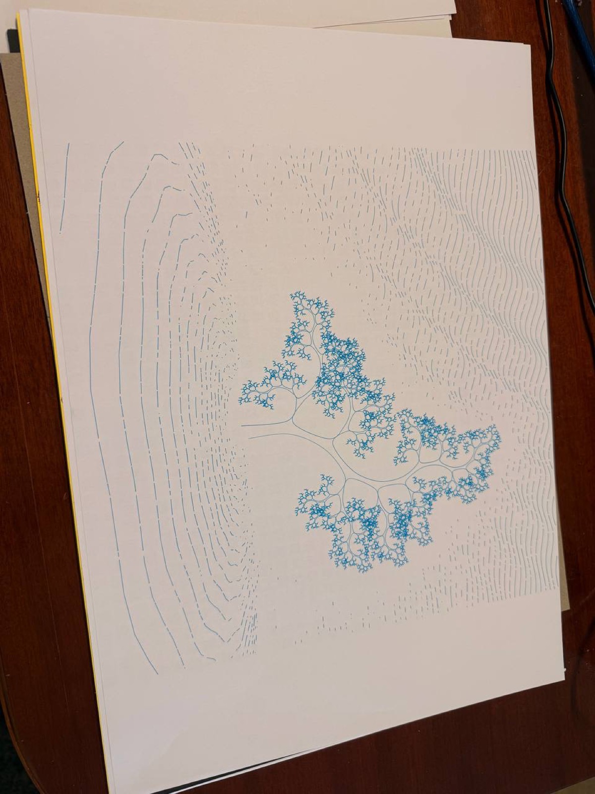 Fractal tree with flow field landscape background in blue ink.