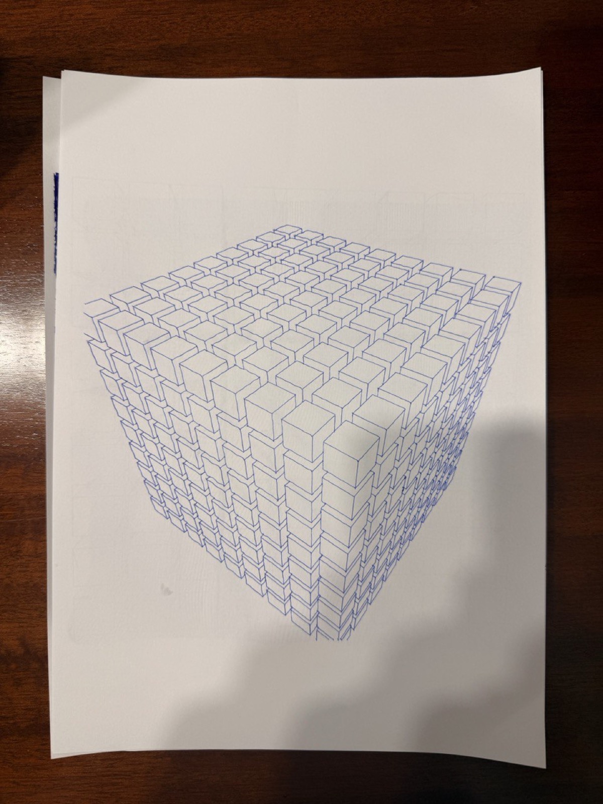 Isometric voxel cube structure drawn in blue ink, each tiny cube visible.