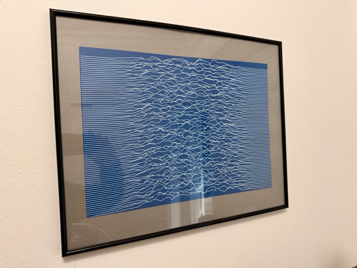 Joy Division Unknown Pleasures reinterpretation, white ink on blue paper, framed and hung on a wall.