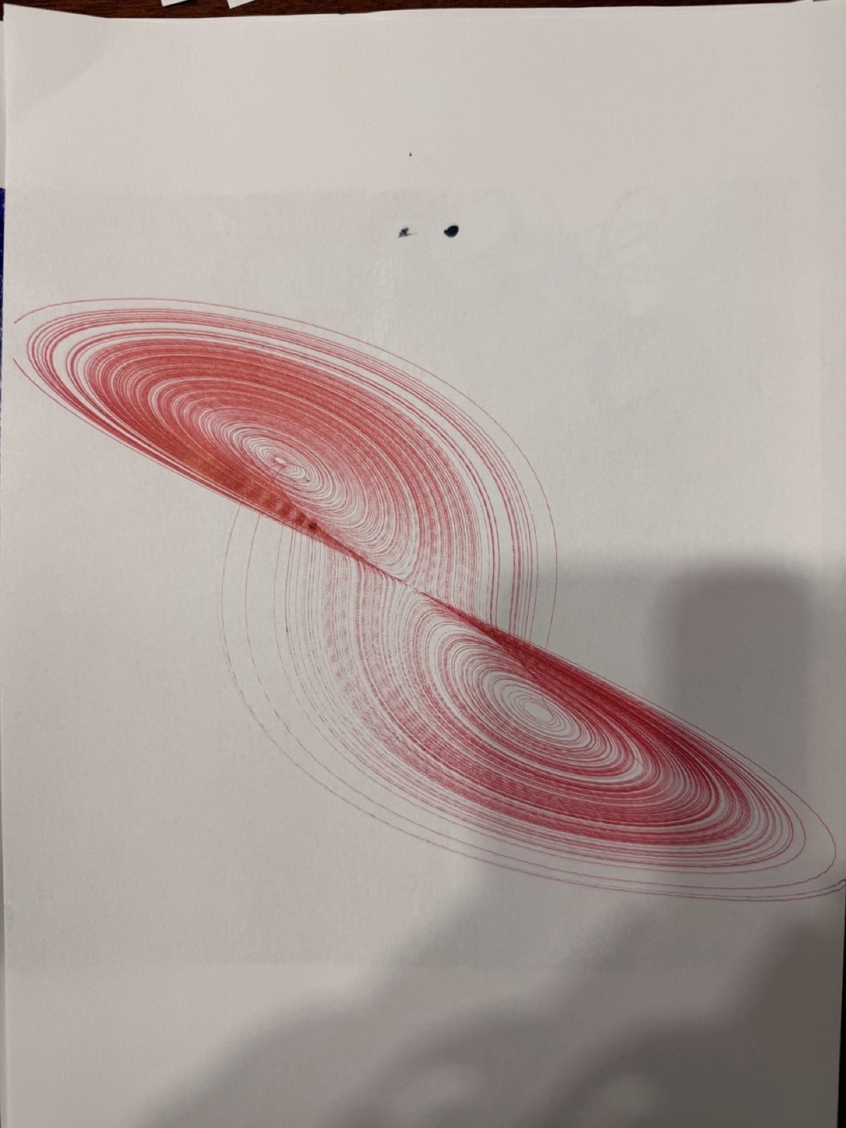 Lorenz attractor plotted in red ink, showing the classic butterfly-shaped chaotic trajectory.